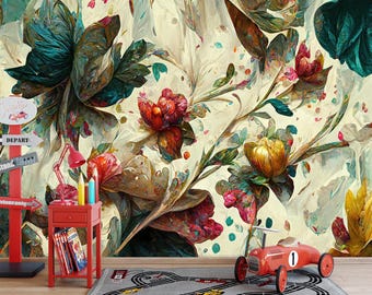 Abstract Floral Peel and Stick Wallpaper, Modern Botanical Wall Mural, Artistic Flower Design, Removable Custom Size Decor