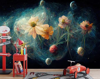 Cosmic Floral Peel and Stick Wallpaper, Galaxy Flower Wall Mural, Celestial Botanical Design, Removable Custom Size Decor