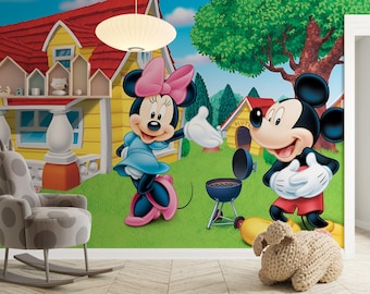 Mickey Mouse behang, Mickey & Minnie muurschildering, behang voor kinderkamer, babykamerdecoratie, zelfklevend, verwijderbaar, op maat gemaakt.