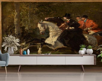 Peel and Stick Vintage Hunting Wallpaper Mural, English Country Equestrian Wall Mural, Classic Horse Art, Removable Custom Size