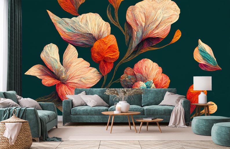 May include: A teal sofa and armchair set with throw pillows and a blanket, set against a dark teal floral wallpaper. The wallpaper features large, stylized flowers in shades of orange, peach, and cream.