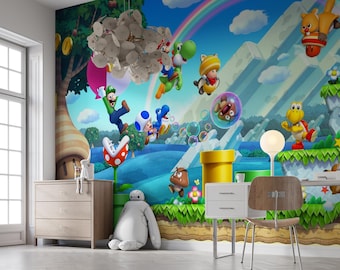 Super Mario World Muurschildering Peel-and-Stick-behang Verwisselbaar Aangepast formaat Kinderkamer Decor Kleurrijke videogamekunst aan de muur