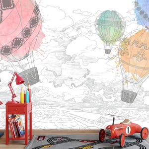 Watercolor Hot Air Balloon Wallpaper Mural: Whimsical Kids Room Decor