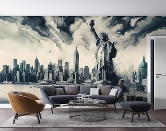 New York Skyline Statue of Liberty Wall Mural Peel and Stick Wallpaper Modern Cityscape NYC Art Removable Custom Size Office Decor