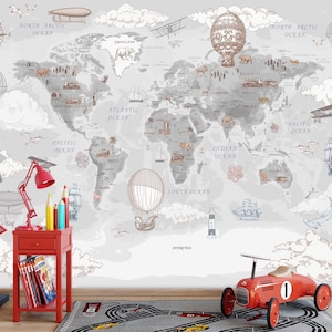 Carta da parati con mappa del mondo vintage dai toni neutri - Decorazione per la stanza dei bambini a tema avventura e viaggio - Murale educativo in stile antico - Arte murale con mappa dell'esploratore
