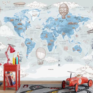 Papel tapiz con mapa del mundo vintage azul / Mural de pared con temática de aventuras y viajes / Decoración de habitación infantil de estilo antiguo / Arte mural con mapa ilustrado de explorador
