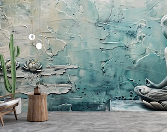 Zen Buddha Peel and Stick Wallpaper, Textured Lotus Pond Wall Mural, Spiritual Asian Art, Calm Meditation Decor, Removable Custom Size