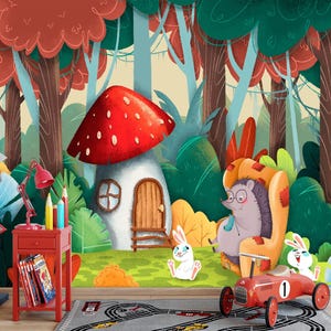 Papel pintado de animales del bosque, casa de hongos y conejitos adorables, mural de pared para habitación infantil estilo cuento de hadas, papel pintado de criaturas del bosque coloridas