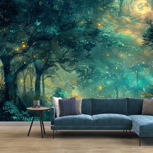 Betoverd bos Peel-and-Stick behangmuurschildering, magische vuurvliegjes Night Fairy Woodland Art, verwisselbaar aangepast formaat