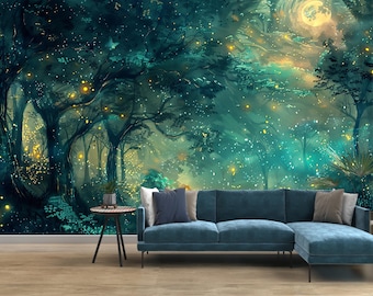 Enchanted Forest Peel and Stick Wallpaper Mural, Magical Fireflies Night Fairy Woodland Art, Removable Custom Size