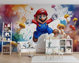 Super Mario-muurschildering Peel-and-Stick-behang, kindergamekamerdecoratie, cartoon videogamebehang verwijderbaar aangepast formaat