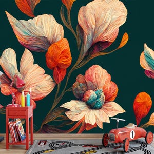 May include: A vibrant floral wallpaper design featuring large, stylized flowers in shades of peach, orange, and teal against a dark teal background. A red toy car and a small red table with books and pencils are in the foreground.