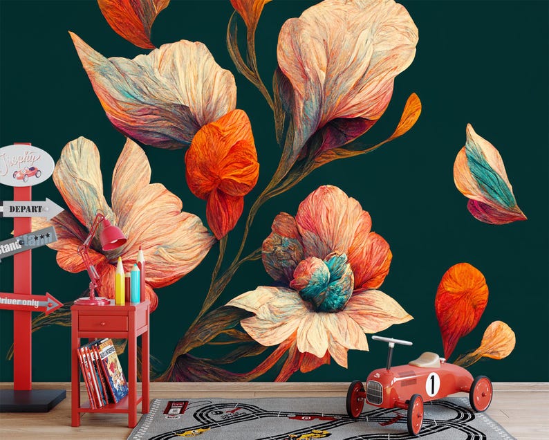 May include: A vibrant floral wallpaper design featuring large, stylized flowers in shades of peach, orange, and teal against a dark teal background. A red toy car and a small red table with books and pencils are in the foreground.