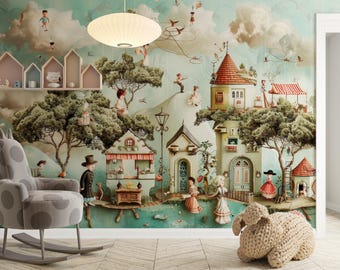 Papel pintado de pueblo caprichoso autoadhesivo, mural de pared para guardería, pueblo de cuento de hadas en tonos pastel, decoración de habitación infantil, tamaño personalizado removible, cielo de ensueño