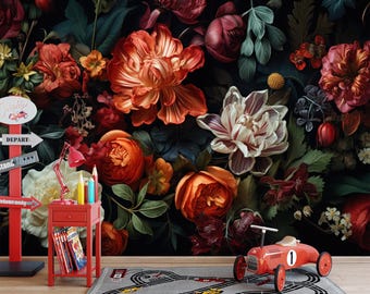 Dark Floral Peel and Stick Wallpaper Mural, Vintage Moody Botanical Flower Wall Decor, Removable Custom Size