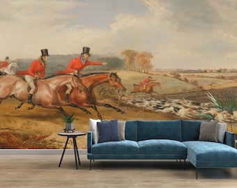 Vintage Fox Hunting Peel and Stick Wallpaper Mural, Equestrian English Countryside Horse Riding Scene, Removable Custom Size