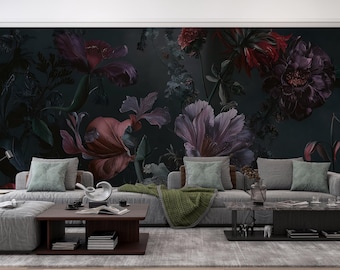Dark Floral Wallpaper Peel and Stick, Moody Botanical Wall Mural, Removable Custom Size Vintage Flower Wallpaper Decor