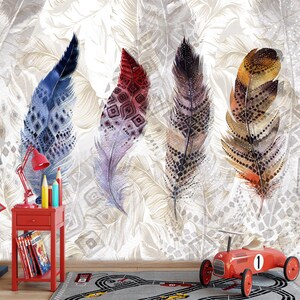 Carta da parati Boho Feather – Murale artistico con piume ad acquerello, Arte murale tribale etnica, Decorazione boho chic ispirata alla natura