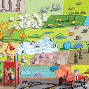Divertente carta da parati con animali dei cartoni animati per bambini, illustrazione colorata di animali da zoo e da fattoria, tema educativo del safari nella giungla