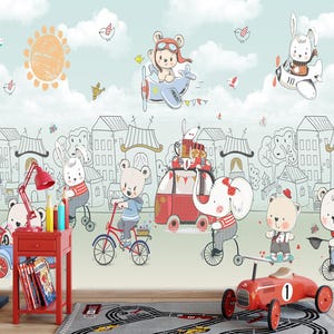 Mural de pared con transporte de animales, papel pintado para habitación infantil con osos, conejos y vehículos de dibujos animados, decoración divertida para habitación infantil.