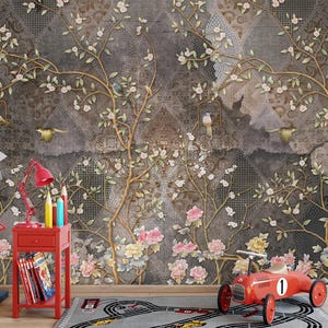 Chinoiserie Floral Bird Wallpaper: Vintage Botanical Mural