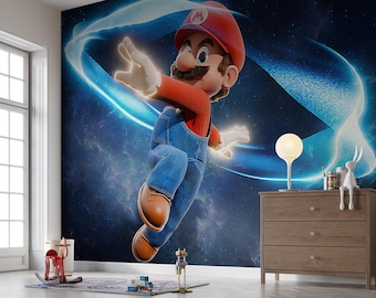 Mural de pared de Super Mario Galaxy, papel tapiz autoadhesivo, decoración de pared removible, póster para habitación infantil de tamaño personalizado, arte espacial azul