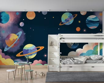 Space Wallpaper Peel and Stick, Solar System Wall Mural, Kids Room Decor, Nursery Wallpaper, Removable Custom Size Galaxy Wallpaper