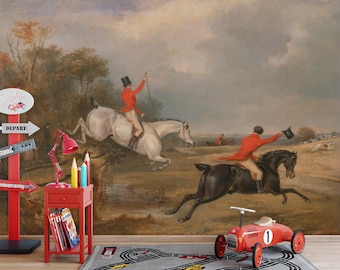 Vintage Fox Hunt Peel and Stick Wallpaper Mural, Equestrian English Countryside Horse Riding Scene, Removable Custom Size