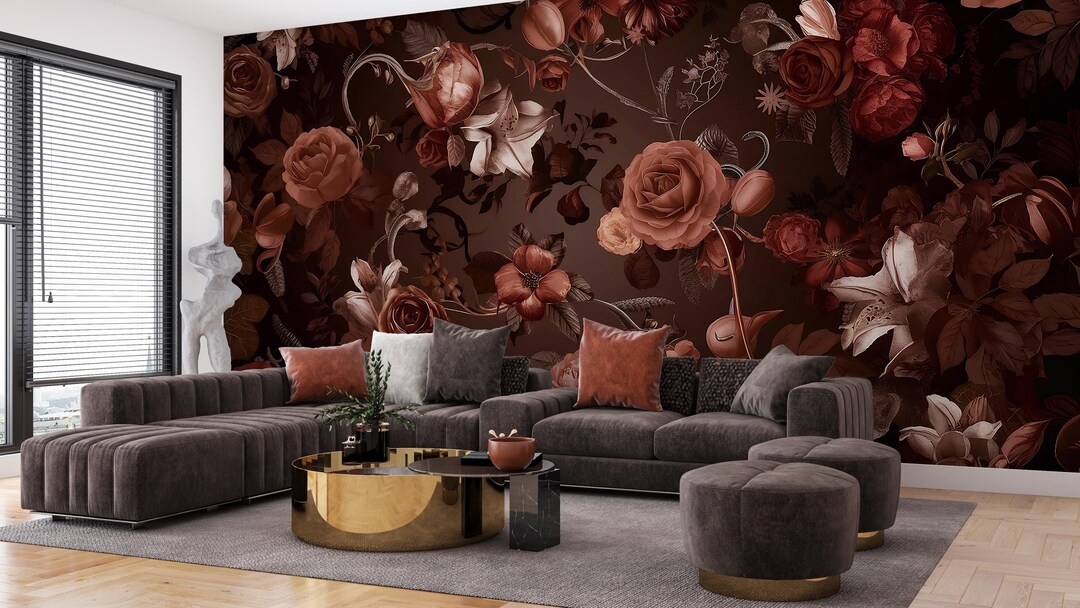 Dark Floral Peel and Stick Wallpaper Mural, Moody Rose Wall Mural ...