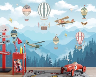 Hot Air Balloon Wallpaper Peel and Stick, Nursery Wall Mural, Kids Room Balloon Wallpaper, Removable Custom Size, Baby Room Decor