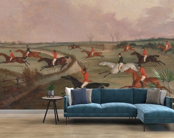 Vintage Equestrian Wallpaper Peel and Stick, Horse Wall Mural, English Countryside Decor, Removable Custom Size