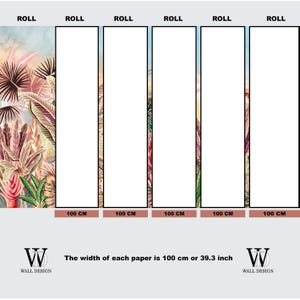 May include: Wallpaper rolls with a tropical design. Each roll is 100 cm wide or 39.3 inches. The design features pink, green, and brown foliage against a light blue and pink background. The text "ROLL" is at the top of each roll.