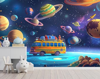 Peel and Stick Kids Space Wallpaper Mural, Solar System Planets Wall Mural, Nursery Galaxy Wallpaper, Removable Custom Size