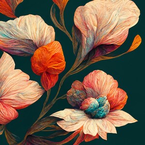May include: An artistic floral illustration featuring large, stylized flowers in shades of peach, orange, and white against a dark teal background. The flowers have textured petals and are arranged in a flowing, organic composition.