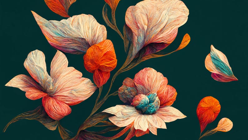 May include: An artistic floral illustration featuring large, stylized flowers in shades of peach, orange, and white against a dark teal background. The flowers have textured petals and are arranged in a flowing, organic composition.