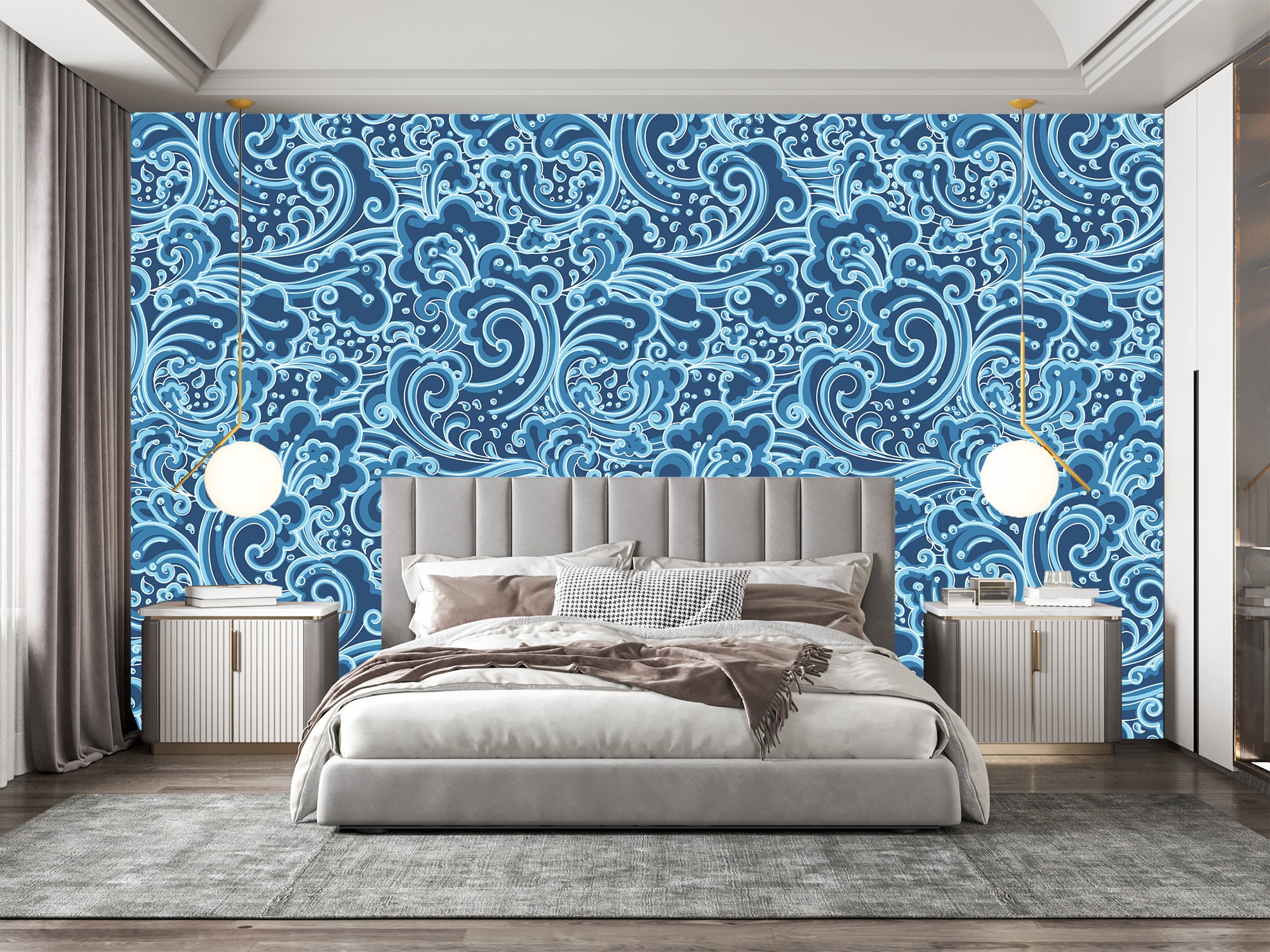 Elegant Ocean Waves Pattern Wallpaper,blue Sea Wave Wall Decor,coastal ...