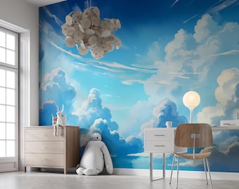 Blue Sky Cloud Wallpaper Peel and Stick, Custom Size Wall Mural, Removable Nursery Wallpaper, Kids Room Decor, Aesthetic Sky Wall