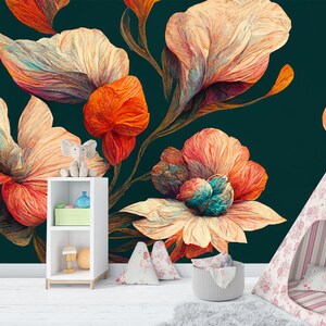 May include: A vibrant floral wall mural featuring large, stylized flowers in shades of orange, peach, and teal against a dark teal background. A white shelf with decor and a child's teepee are in the foreground.