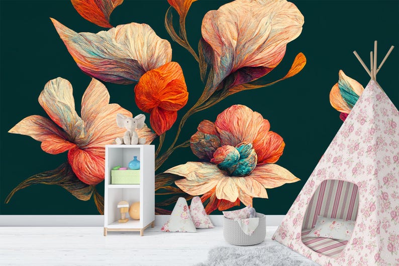 May include: A vibrant floral wall mural featuring large, stylized flowers in shades of orange, peach, and teal against a dark teal background. A white shelf with decor and a child's teepee are in the foreground.