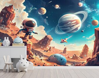 Astronaut Peel and Stick Wallpaper, Galaxy Space Wall Mural, Kids Nursery Room Decor, Cosmic Art Design, Removable Custom Size