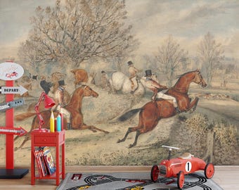May include: A vintage-style mural depicting a horse race scene with riders in period attire. A red toy car with the number 1, a red side table, and a road sign are in the foreground. The scene is in muted tones.