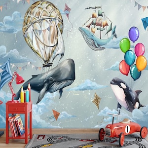 Carta da parati murale con balena fantasy, animali e palloncini volanti dell'oceano, carta da parati da sogno per la cameretta dei bambini, balena volante, carta da parati per la camera dei bambini