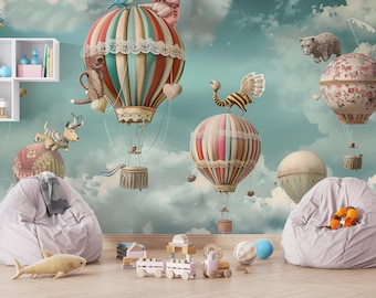 Hot Air Balloon Wallpaper Peel and Stick, Nursery Wall Mural, Animal Wallpaper, Removable Custom Size, Kids Room Decor