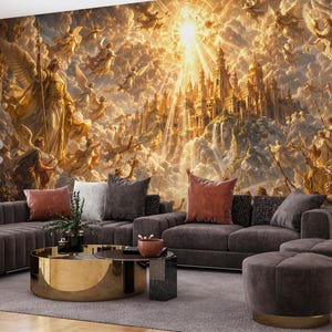May include: A living room featuring a large, ornate mural depicting a celestial scene with angels and a golden city. The room includes a dark brown sectional sofa, a gold and black coffee table, and matching ottomans. Decorative pillows add color.