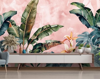 Tropical Banana Leaf Peel and Stick Wallpaper Mural, Pink Botanical Jungle Wall Decor, Removable Custom Size