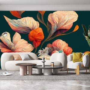 May include: A modern living room featuring a large floral mural in shades of orange, peach, and teal. The room includes a white sofa, two armchairs, and a round coffee table. A tall potted plant adds a touch of greenery.