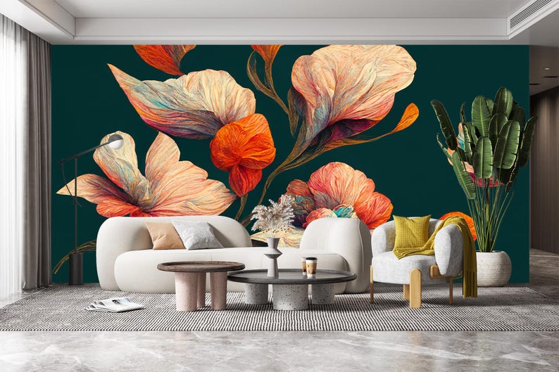 May include: A modern living room featuring a large floral mural in shades of orange, peach, and teal. The room includes a white sofa, two armchairs, and a round coffee table. A tall potted plant adds a touch of greenery.