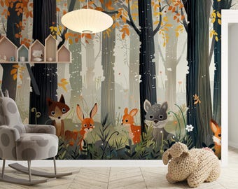 Woodland Animals Peel and Stick Wallpaper, Forest Nursery Wall Mural, Removable Kids Room Wallpaper, Custom Size Decor