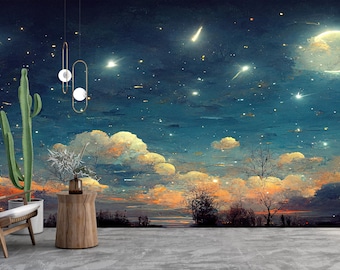 Starry Night Sky Peel and Stick Wallpaper Mural, Celestial Galaxy Wall Decor, Dreamy Night Art, Removable Custom Size