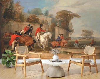 Fox Hunt Peel and Stick Wallpaper Mural, Vintage Equestrian English Countryside Hunting Scene, Removable Custom Size
